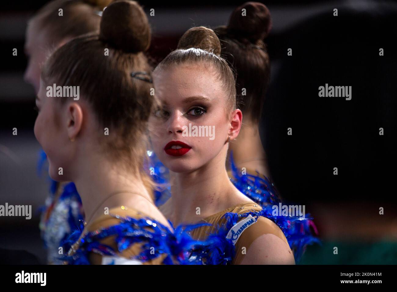 Moscow, Russia. 12th of September, 2022. Athletes of the Russian national team perform in a qualification at the 2022 All-Russian Summer Spartakiad in Rhythmic Gymnastics at Irina Viner-Usmanova Gymnastics Palace in Luzhniki in Moscow, Russia. Nikolay Vinokurov/Alamy Live News Stock Photo