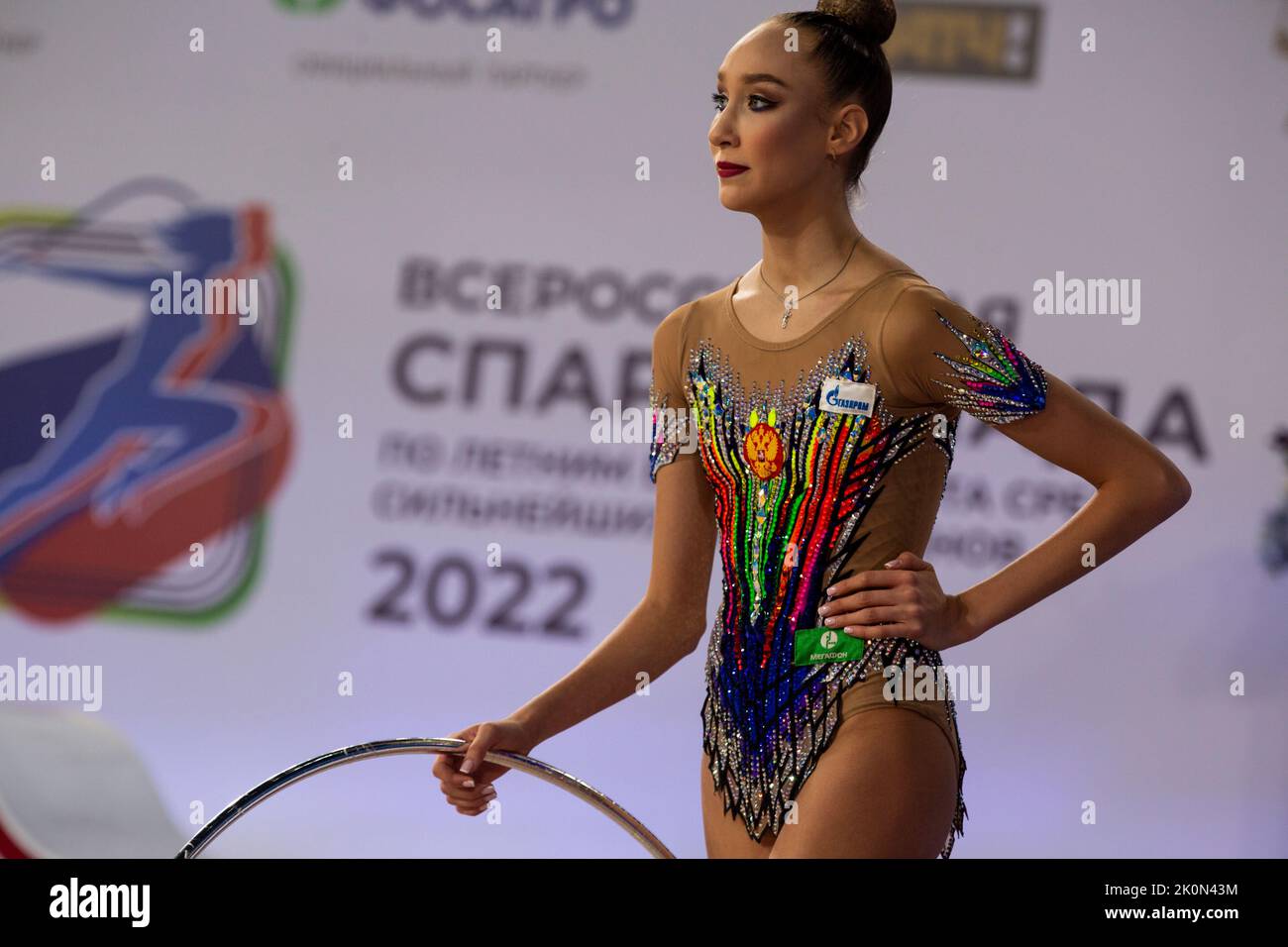 Moscow, Russia. 12th of September, 2022. Alexandra Skubova performs her hoop routine in a qualification at the 2022 All-Russian Summer Spartakiad in Rhythmic Gymnastics at Irina Viner-Usmanova Gymnastics Palace in Luzhniki in Moscow, Russia. Nikolay Vinokurov/Alamy Live News Stock Photo