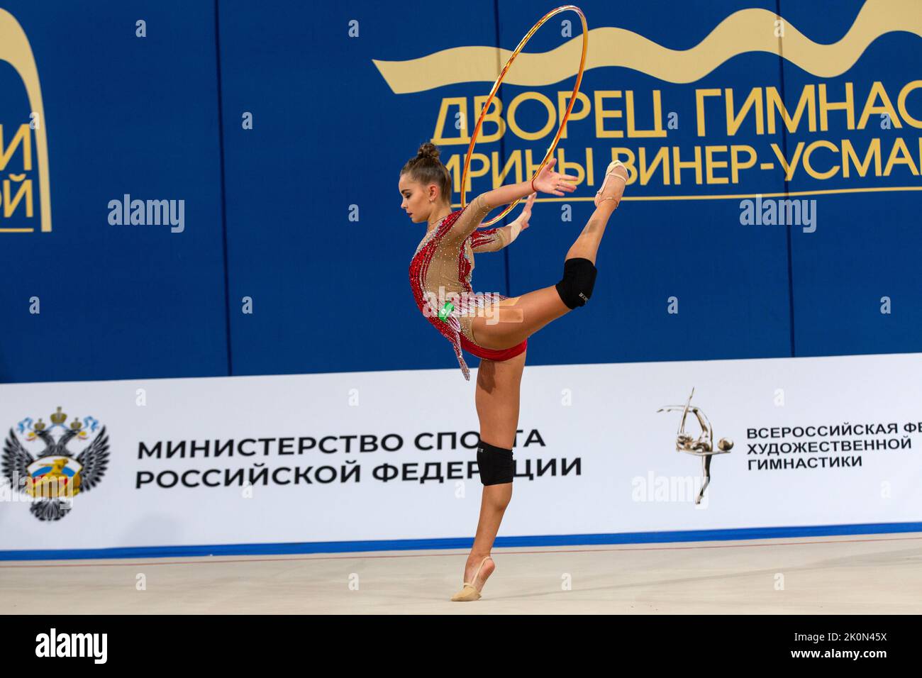 Moscow, Russia. 12th of September, 2022. Arina Averina trains with a hoop before start a qualification at the 2022 All-Russian Summer Spartakiad in Rhythmic Gymnastics at Irina Viner-Usmanova Gymnastics Palace in Luzhniki in Moscow, Russia. Nikolay Vinokurov/Alamy Live News Stock Photo