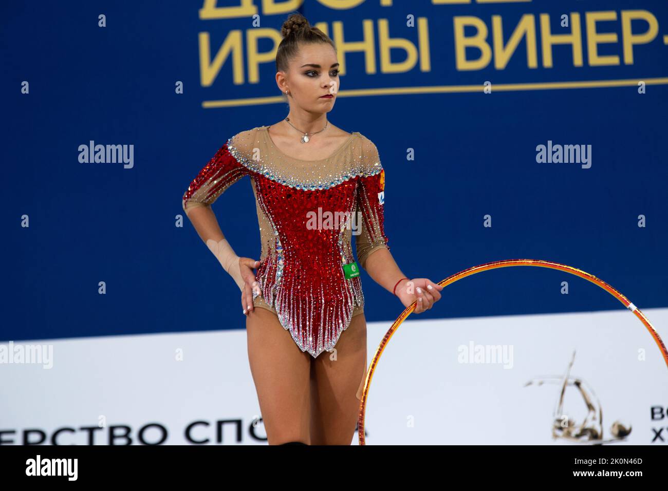 Moscow, Russia. 12th of September, 2022. Arina Averina performs her hoop routine in a qualification at the 2022 All-Russian Summer Spartakiad in Rhythmic Gymnastics at Irina Viner-Usmanova Gymnastics Palace in Luzhniki in Moscow, Russia. Nikolay Vinokurov/Alamy Live News Stock Photo