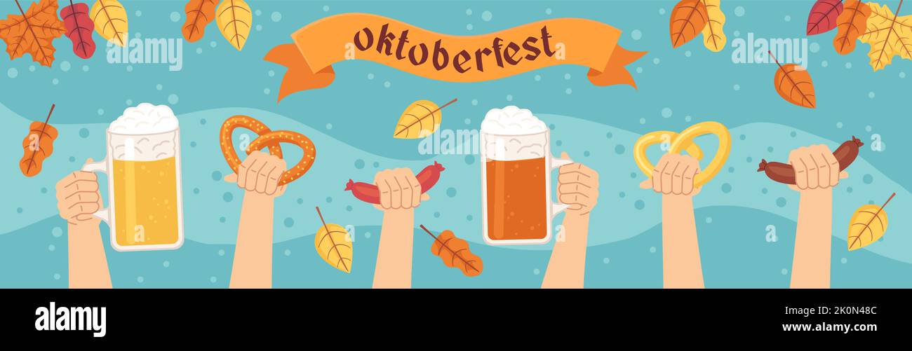 Oktoberfest horizontal. banner Beer festival celebration. Stock vector illustration in flat cartoon style. Stock Vector