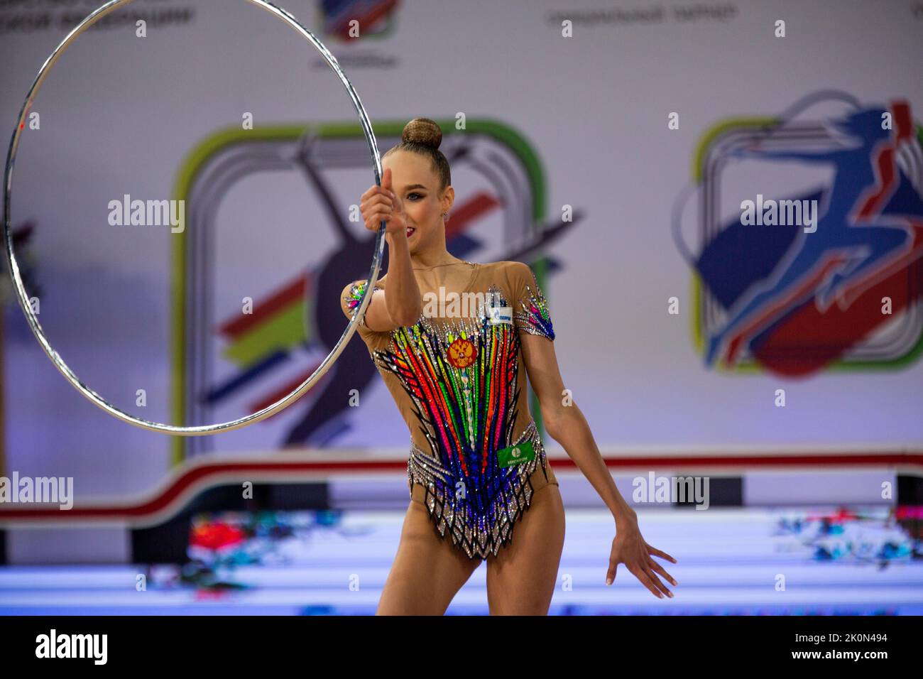 Moscow, Russia. 12th of September, 2022. Alexandra Skubova performs her hoop routine in a qualification at the 2022 All-Russian Summer Spartakiad in Rhythmic Gymnastics at Irina Viner-Usmanova Gymnastics Palace in Luzhniki in Moscow, Russia. Nikolay Vinokurov/Alamy Live News Stock Photo