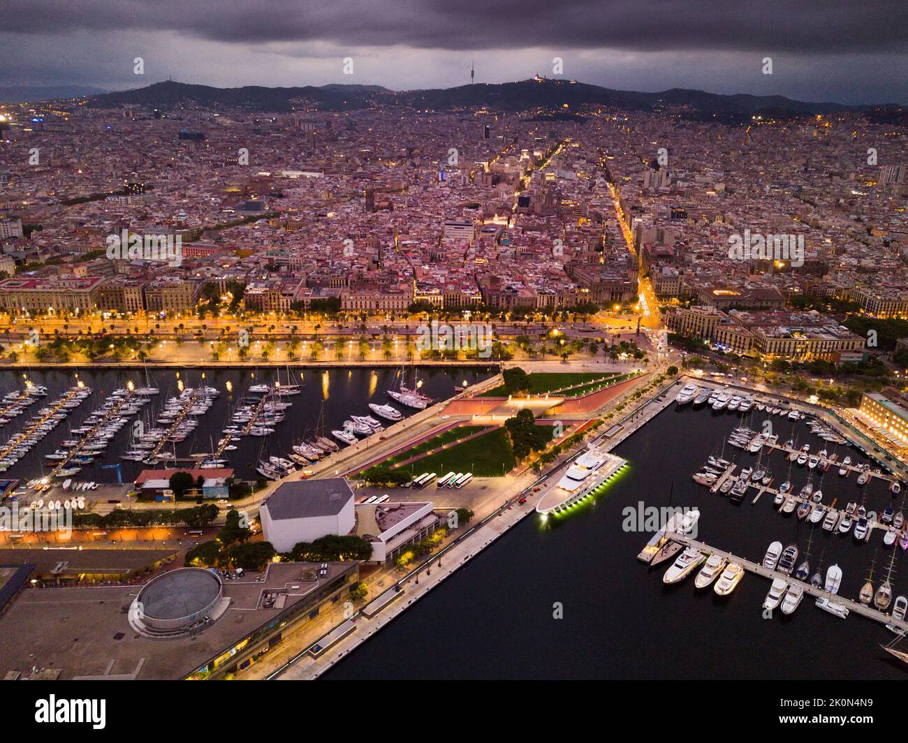 Aerial view of old port in Barcelona and historical part of the city at ...