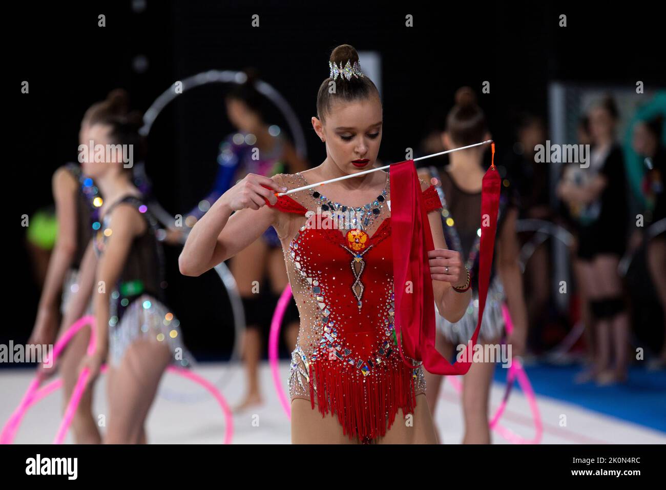 Moscow, Russia. 12th of September, 2022. Russian athletes perform in a qualification at the 2022 All-Russian Summer Spartakiad in Rhythmic Gymnastics at Irina Viner-Usmanova Gymnastics Palace in Luzhniki in Moscow, Russia. Nikolay Vinokurov/Alamy Live News Stock Photo