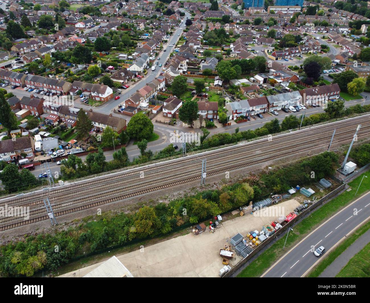 Beautiful Aerial and Close up View of Train Moving on Tracks Stock Photo