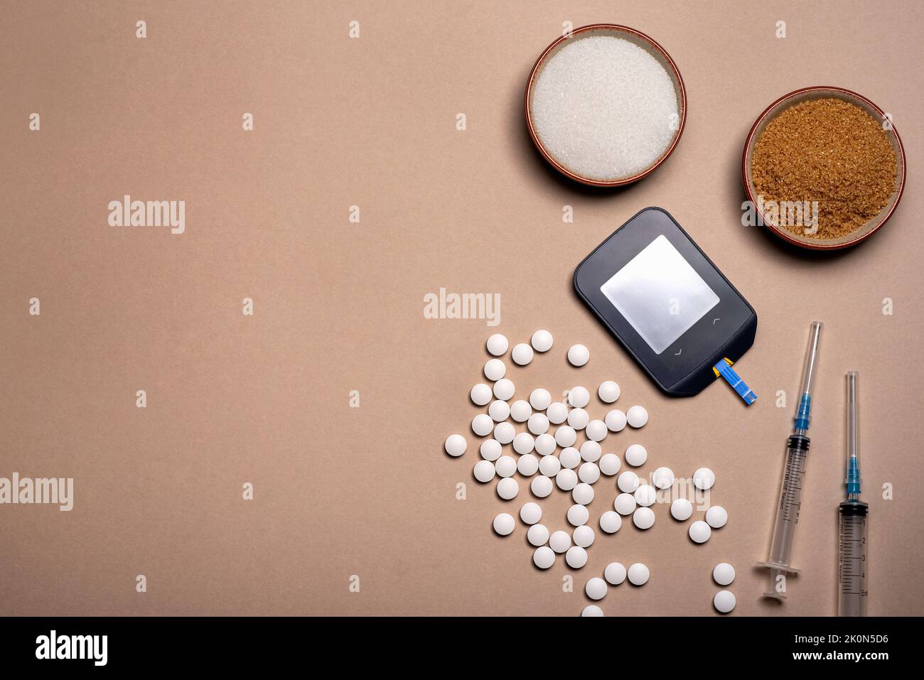 Blank photography of sugar, diabetes, medicine, glucometer,  injection Stock Photo