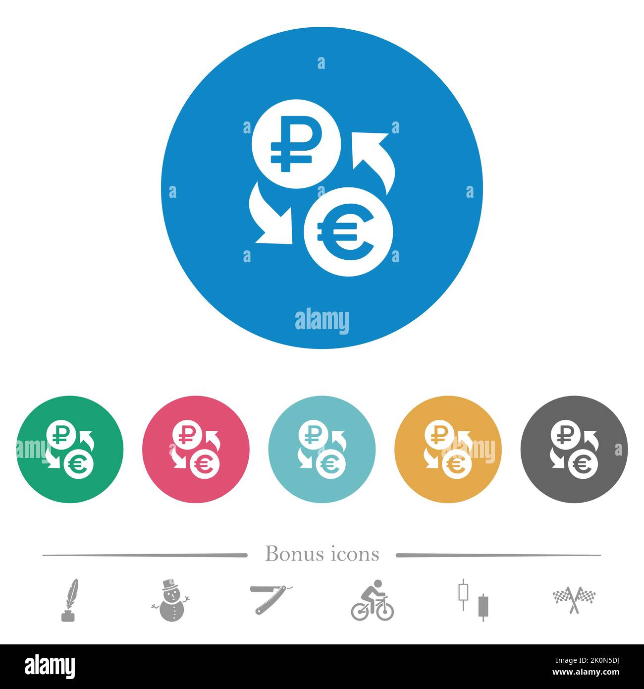 Ruble Euro money exchange flat white icons on round color backgrounds ...