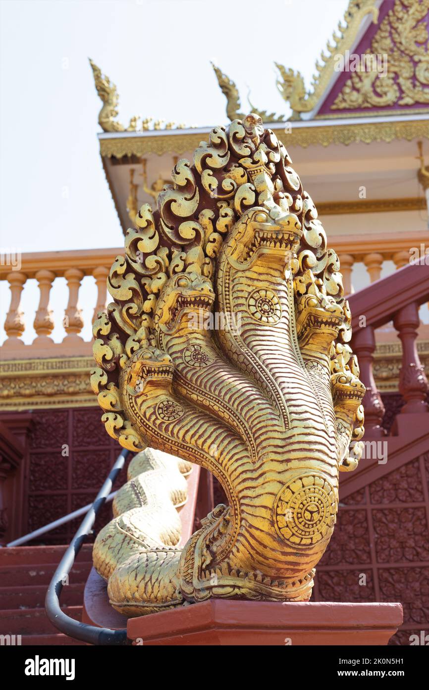 Gold serpents decorate a temple at Watt Munisotaram Cambodian Buddhist Monastery in Hampton, Minnesota. Stock Photo