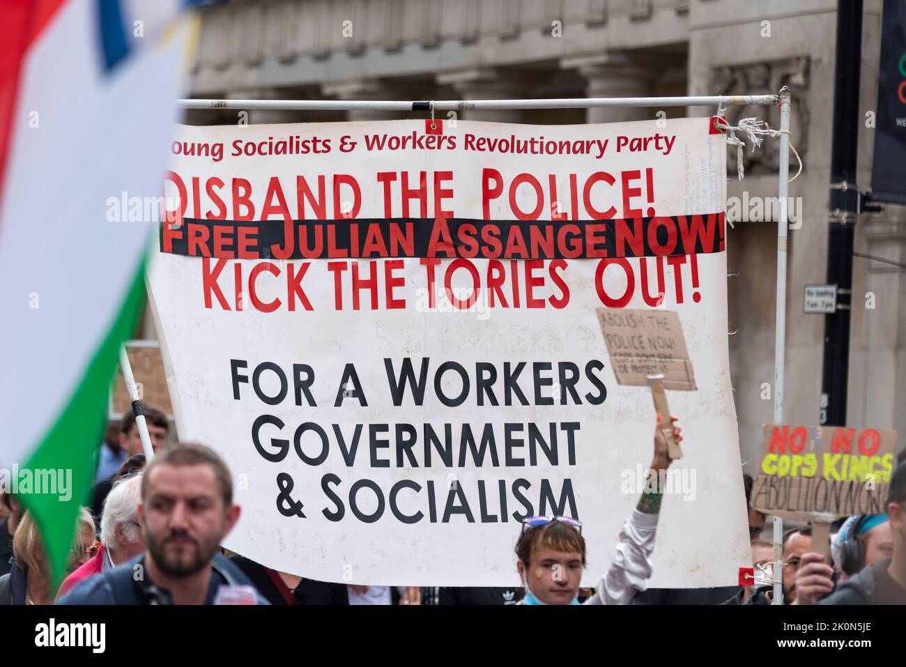 Protest taking place in Whitehall prompted by the police shooting of Chris Kaba, an unarmed victim. Disband the police. Free Julian Assange. Socialism Stock Photo