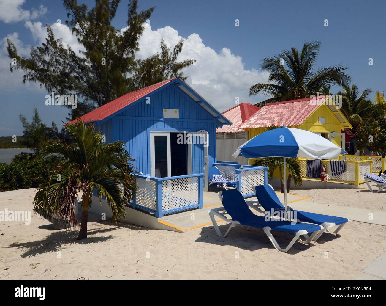 Colorful beach bungalows on a tropical island of the Bahamas Stock Photo