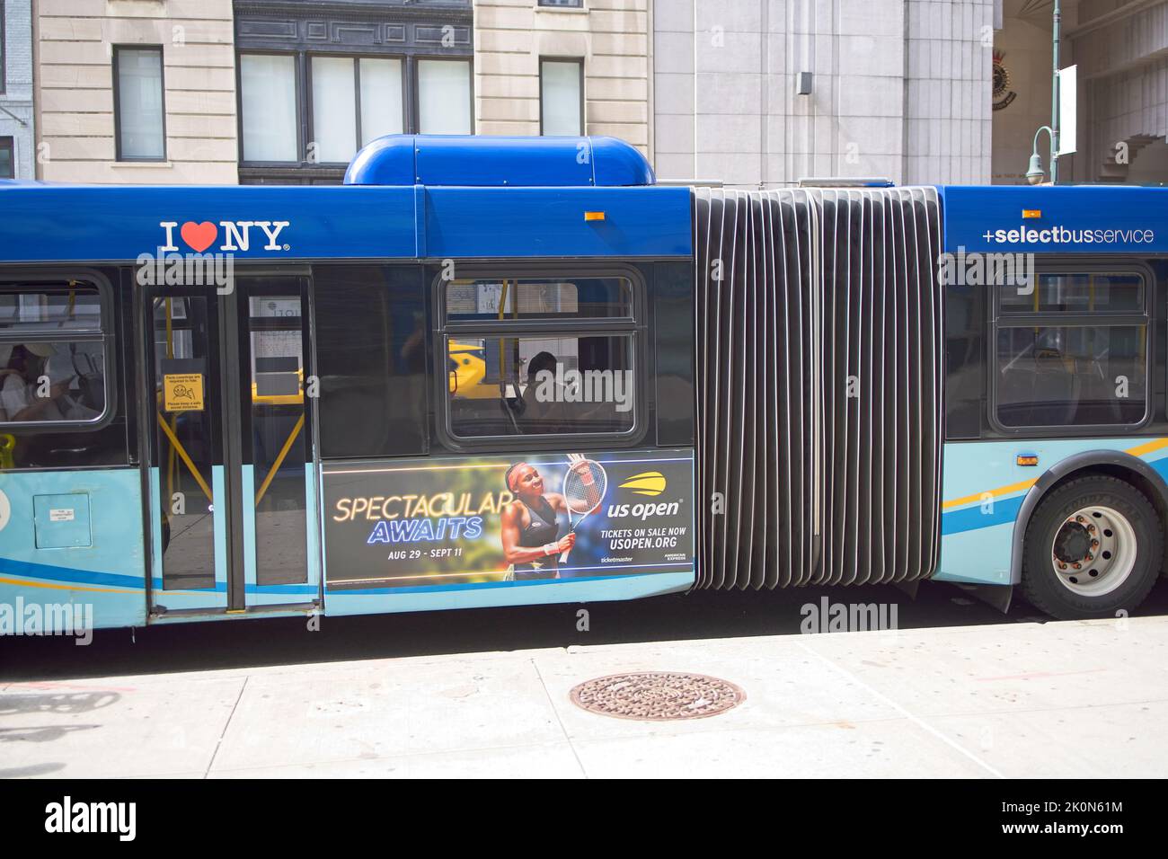 New York, NY, USA Sept 12, 2022 An articulated bus shows the