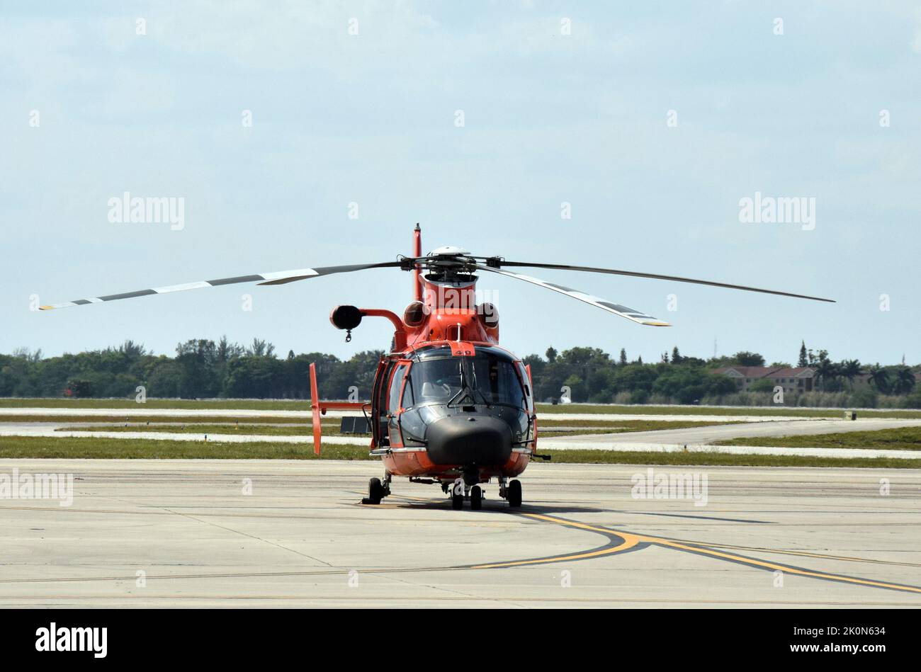 US Coast Guard helicopter resting between missions front view Stock Photo
