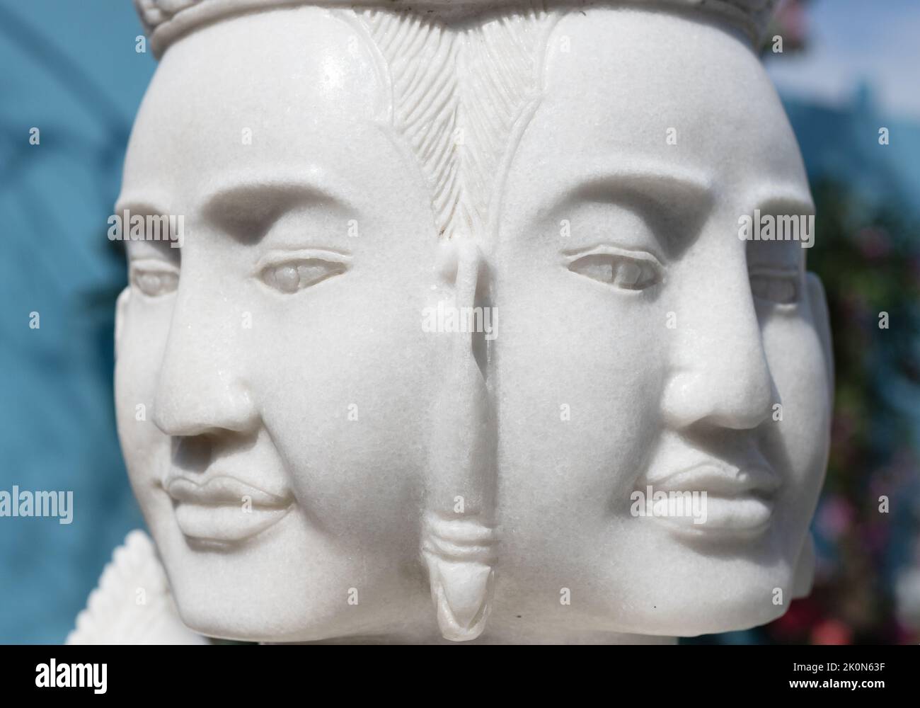 A statue with four faces at Watt Munisotaram Cambodian Buddhist Monastery in Hampton, Minnesota. Stock Photo