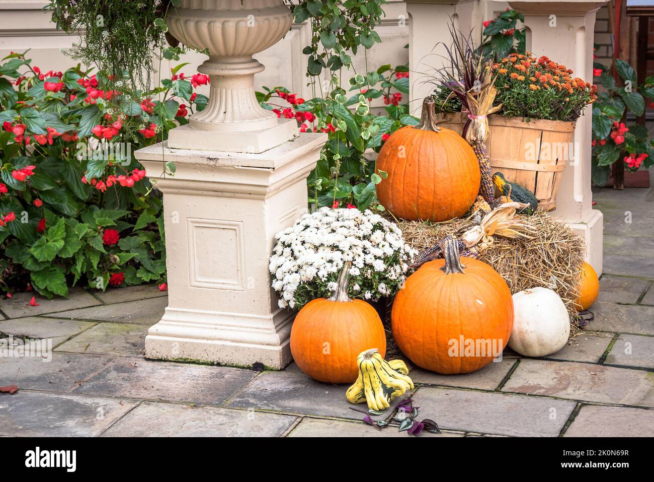 Halloween decorations with pumpkins, hay and flowers outside a house Stock Photo