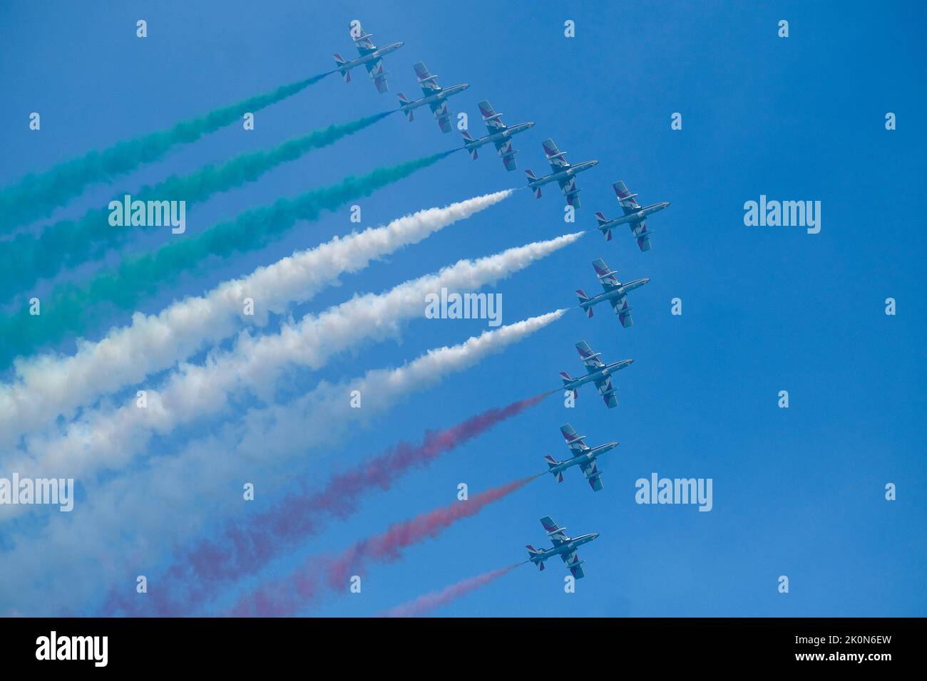 The Italian National acrobatic squadron PAN 'Frecce Tricolori' during the show in Desenzano del Garda, Brescia, Italy, 10 September 2022 Stock Photo
