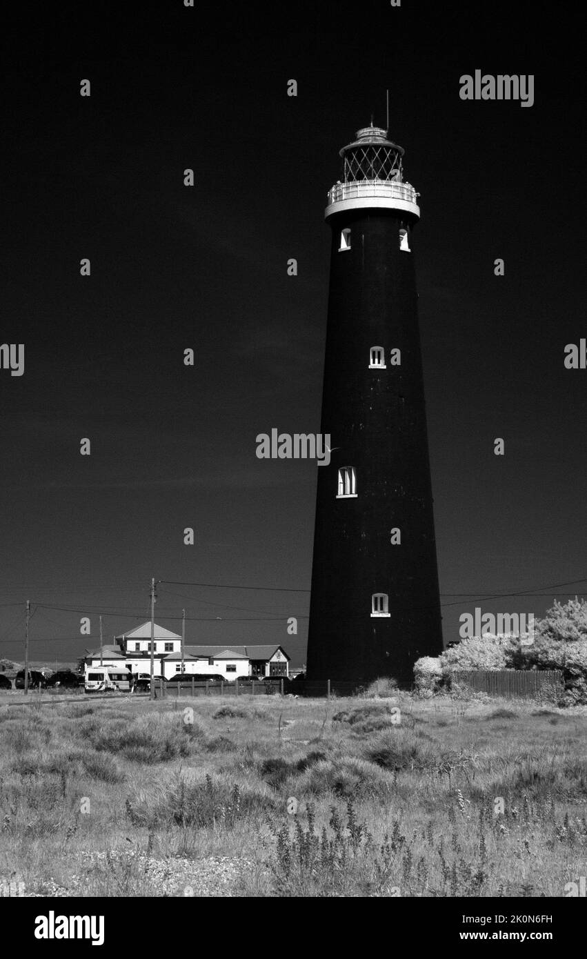 Infrared image of Dungeness lighthouse, Kent, England. Stock Photo