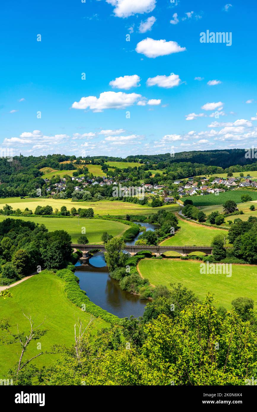 The river Sieg, between Oberauel and Blankenberg, near Hennef, bridge over the Sieg, for cyclists and railways, S-Bahn and regional railway line betwe Stock Photo