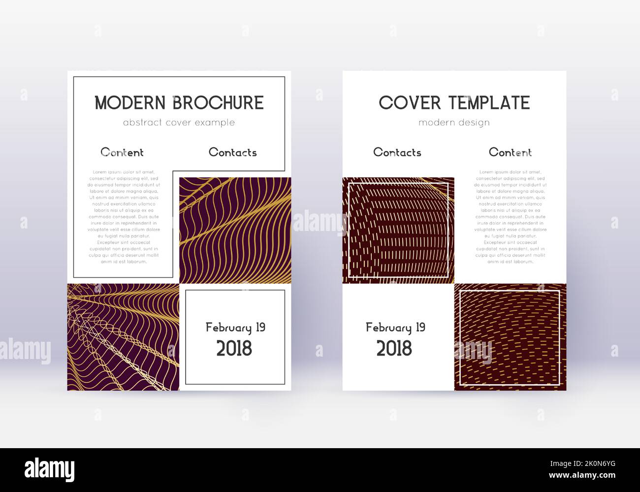Business cover design template set. Gold abstract lines on maroon