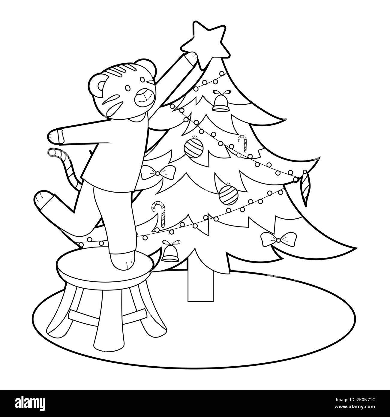Coloring book for kids,cartoon tiger decorates a Christmas tree. Vector isolated on a white background Stock Vector
