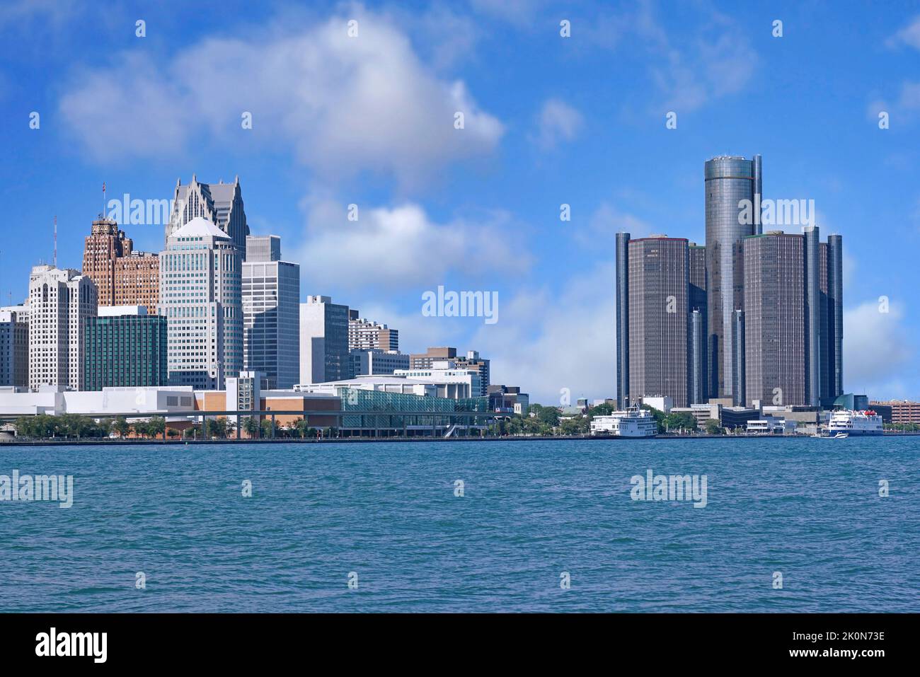 Detroit downtown skyline and waterfront viewed from across the river Stock Photo
