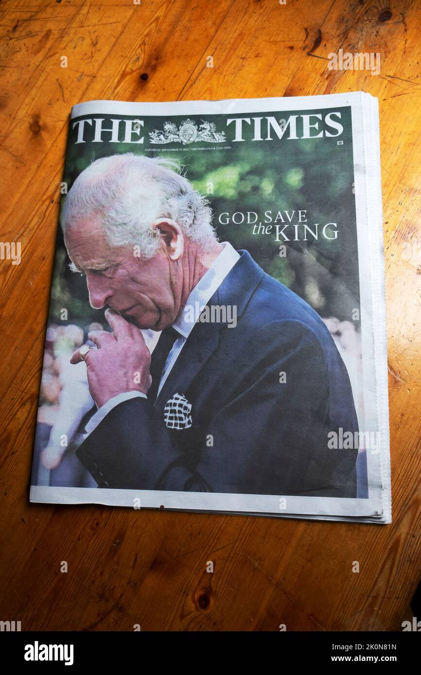 'God Save the King' The Times newspaper headline for King Charles III grieving for loss of mother Queen Elizabeth II front page 10 September 2022 UK Stock Photo