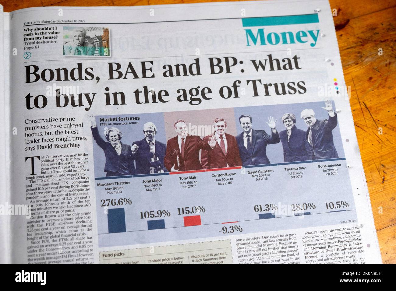 'Bonds, BAE and BP what to buy in the age of Truss' The Times financial newspaper headline Money section article 10 September 2022 London England UK Stock Photo