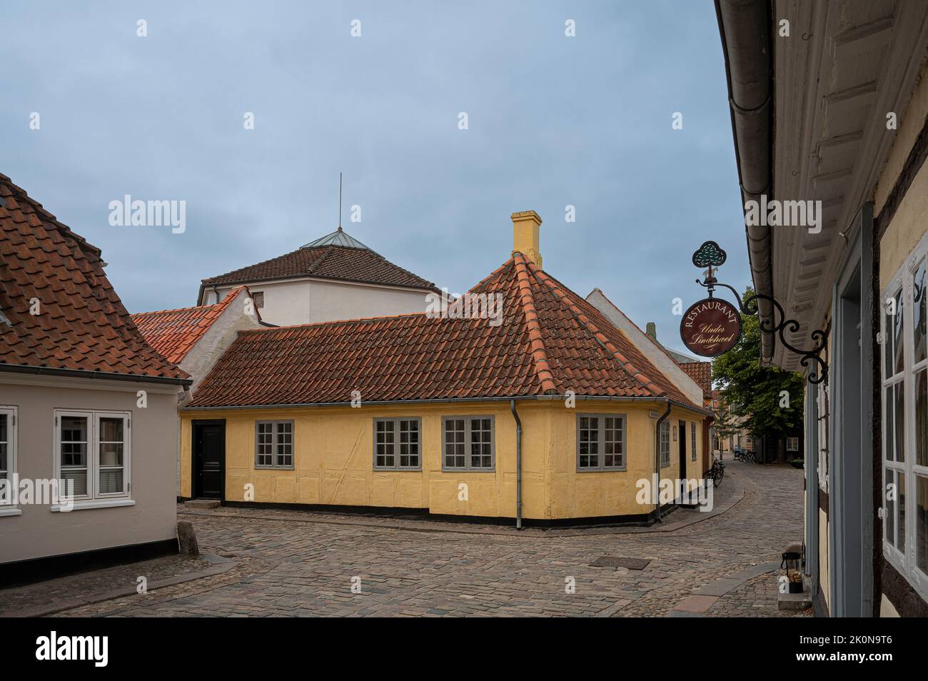 the famous H C Andersen´s house and the restaurant under lindetræet in Odense, Denmark, August 27, 2022 Stock Photo