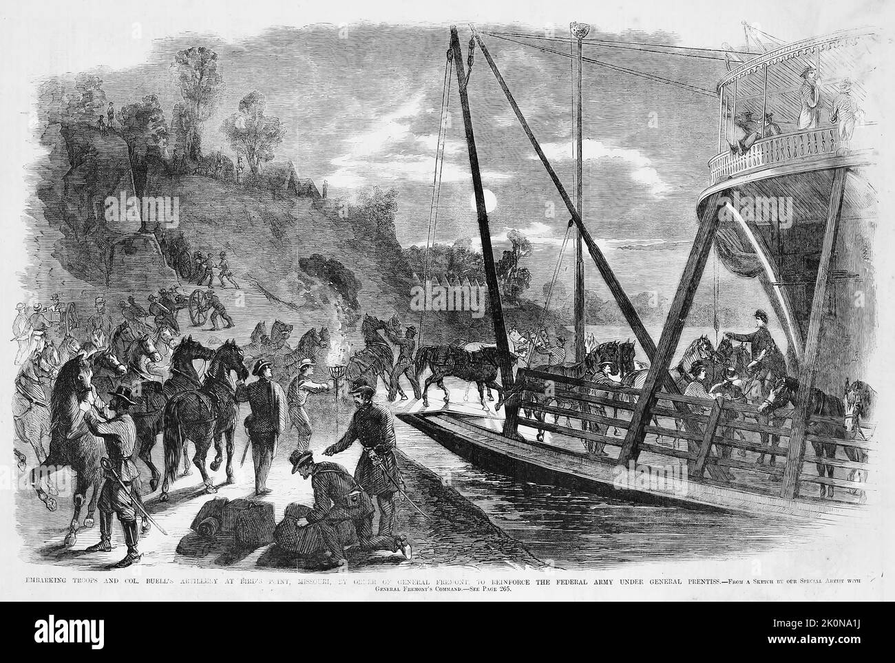 Embarking the troops and Colonel Don Carlos Buell's artillery at Bird's Point, Missouri, by order of General John Charles Frémont, to reinforce the Federal Army under General Benjamin Mayberry Prentiss. September 1861. 19th century American Civil War illustration from Frank Leslie's Illustrated Newspaper Stock Photo