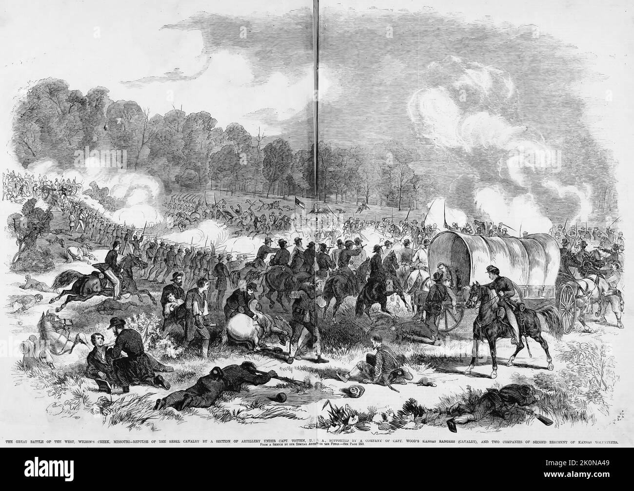 The Great Battle of the West, Wilson's Creek, Missouri - Repulse of the Rebel cavalry by a section of artillery under Captain James Totten, supported by a company of Captain Wood's Kansas Rangers (Cavalry), and two companies of Second Regiment of Kansas Volunteers. August 10th, 1861. 19th century American Civil War illustration from Frank Leslie's Illustrated Newspaper Stock Photo