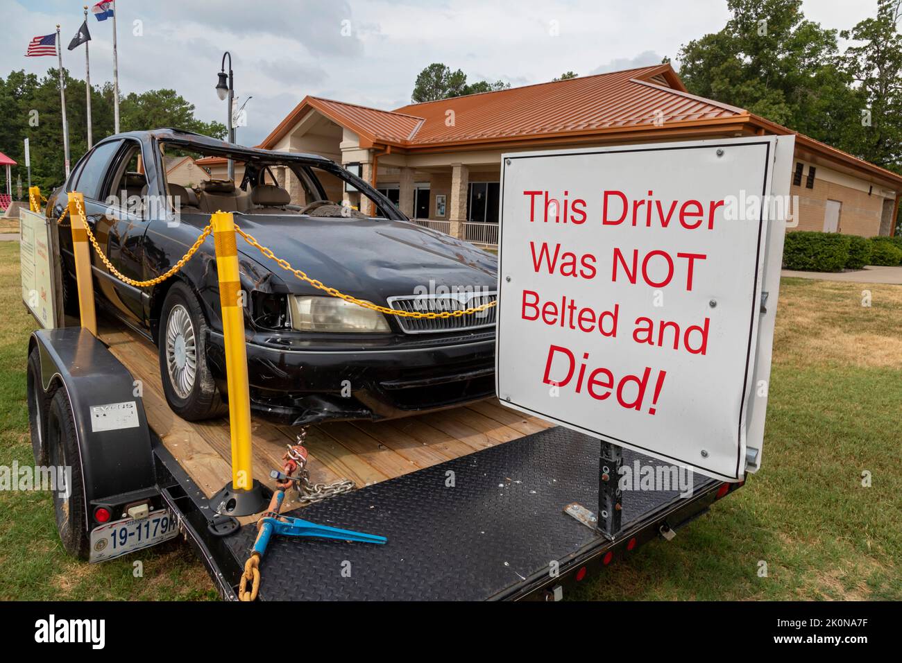 Conway, Missouri - An auto safety display at a rest area on Interstate 44 promotes the use of seat belts. Two cars that crashed are shown: the passeng Stock Photo