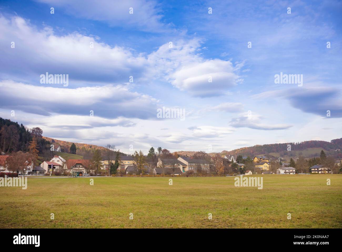 Autumn landscape with houses of the charming little town of Rein (famous for the beautiful Rein Abbey) near Graz, Steiermark, Austria Stock Photo