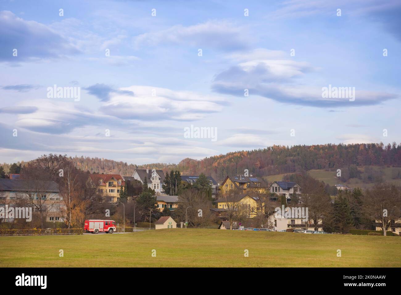 Autumn landscape with houses of the charming little town of Rein (famous for the beautiful Rein Abbey) near Graz, Steiermark, Austria Stock Photo