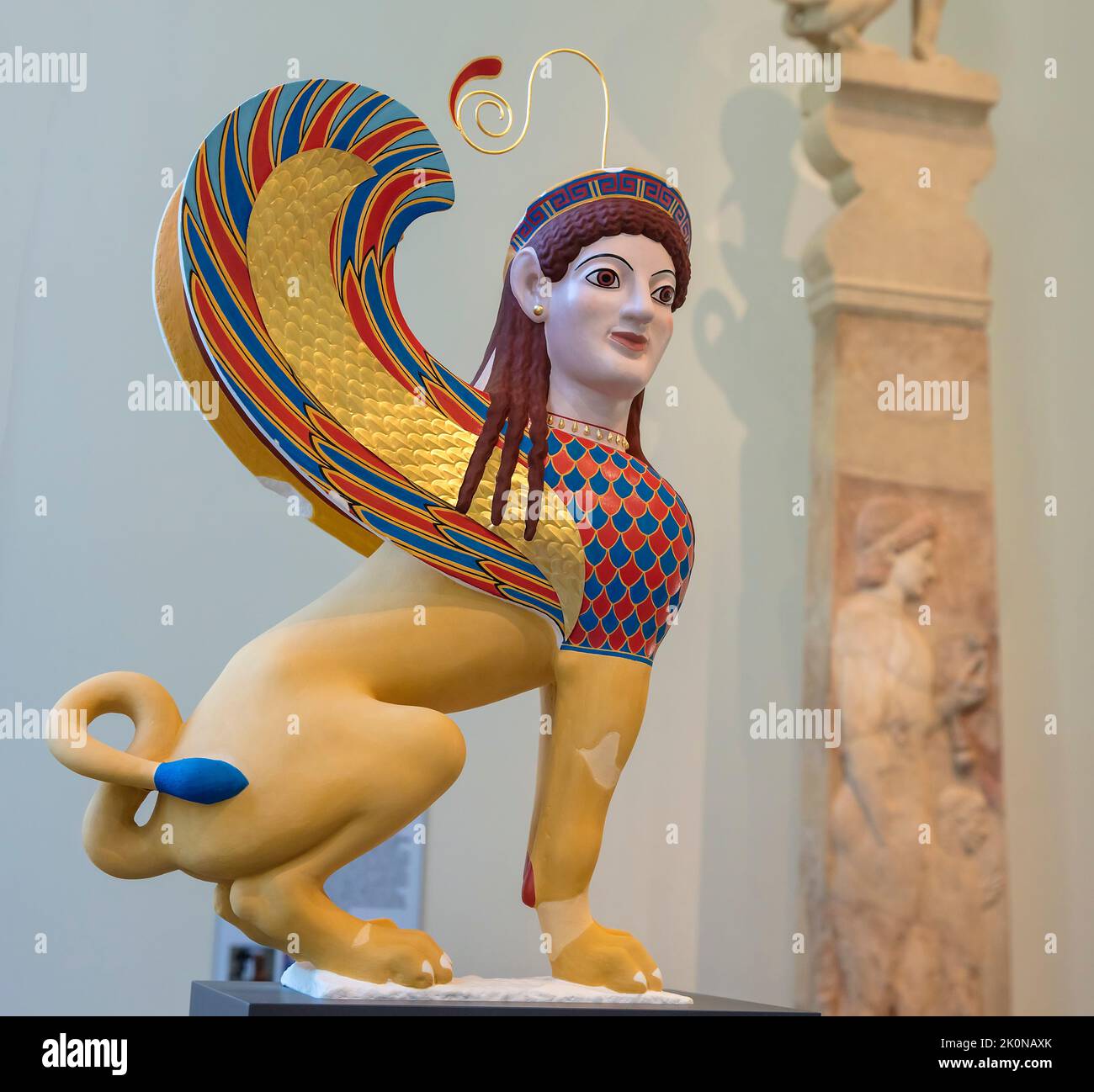 Reconstruction of marble finial sphinx in original colours at the Metropolitan Museum of Art (MET) Manhattan, NYC, USA Stock Photo