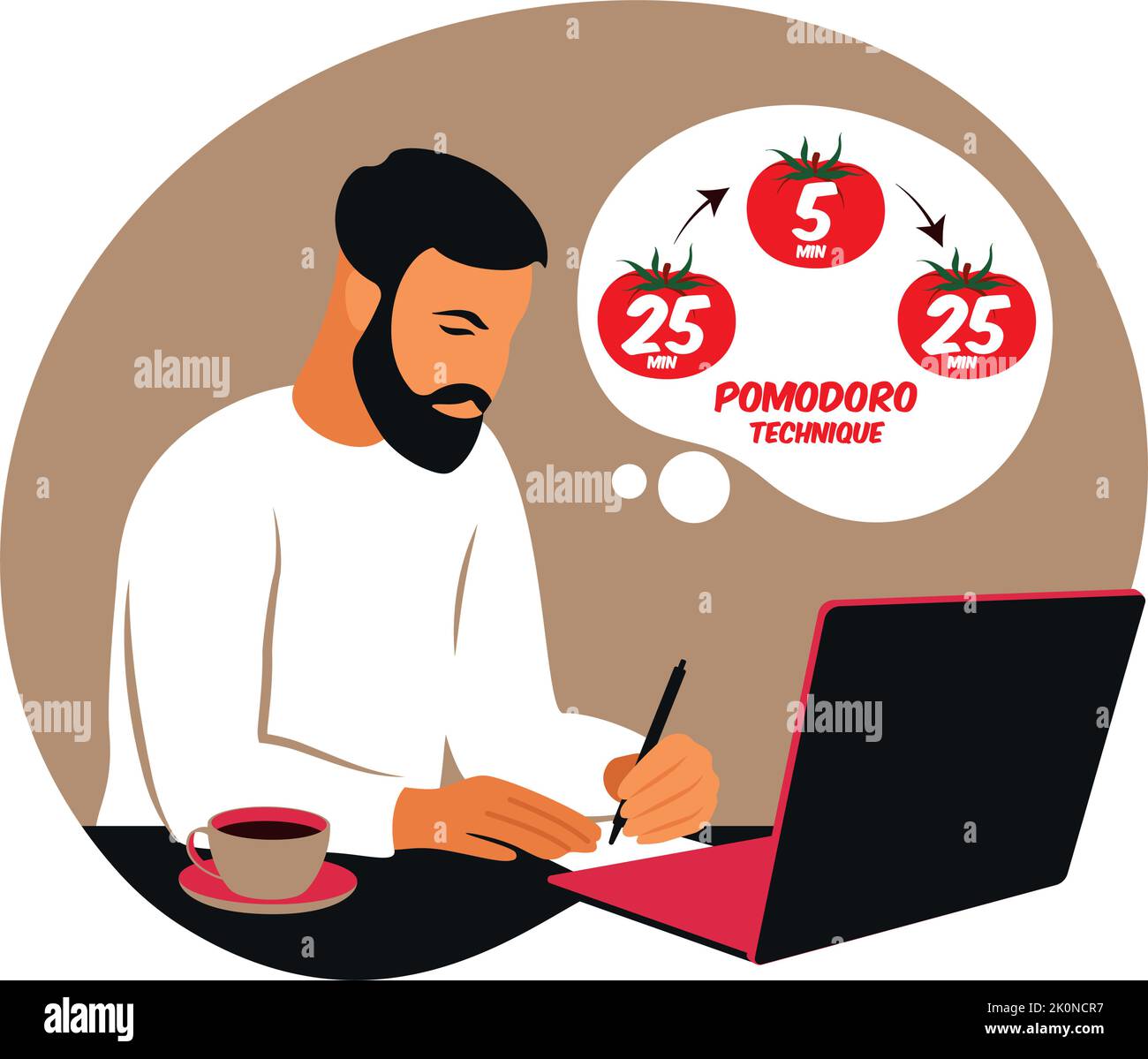 Man manager working with computer using time management. Pomodoro technique concept. Vector. Flat. Stock Vector