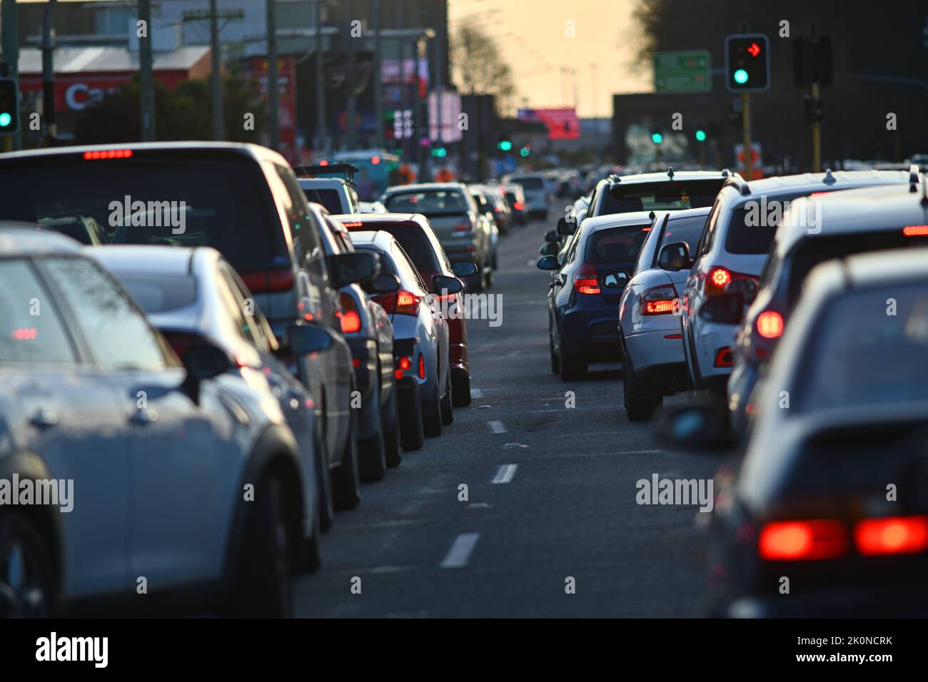 Vehicles line up in peak hour traffic on Moorhouse Avenue in Christchurch, New Zealand. Stock Photo