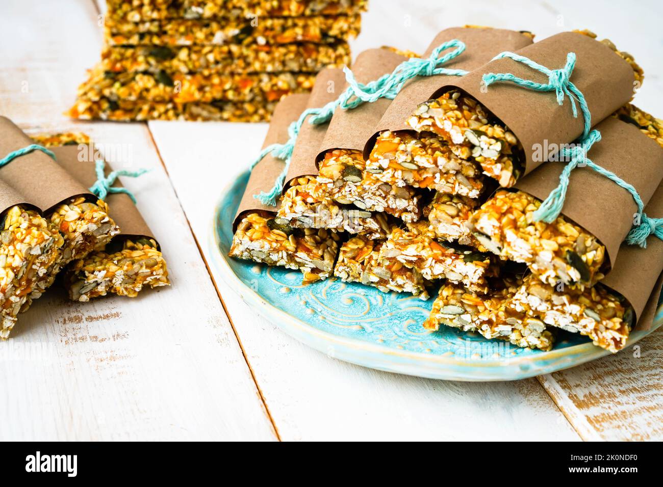 Granola bars Front view , with copy space. Front view , with copy space
