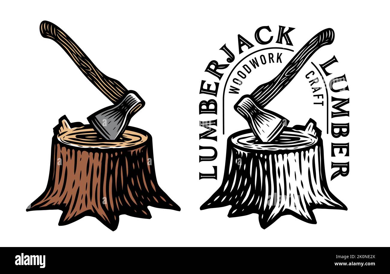 Axe, Lumberjack, Wood Logging emblem or badge. Ax sticking in stump. Woodwork, timber symbol vector illustration Stock Vector