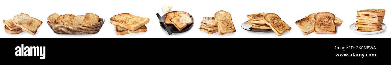 Collage of toasted bread with butter on white background Stock Photo ...