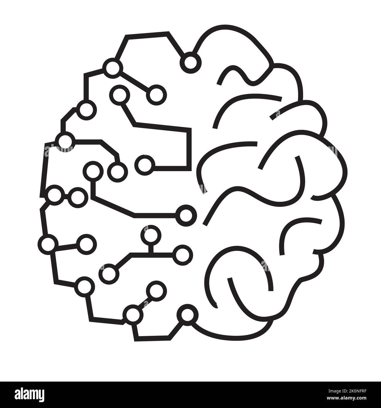 Half organic human brain enhanced with artificial intelligence. Simple line icon drawing for transhuman and AI technology concept design Stock Vector