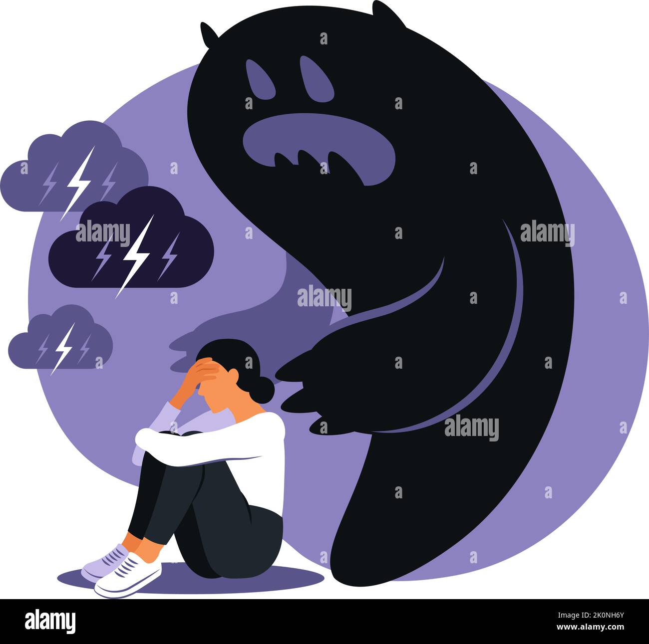 Fear or panic attack. Sad woman with lowered head frightened with his own shadow. Depressed, solitude, anxiety concept. Stock Vector