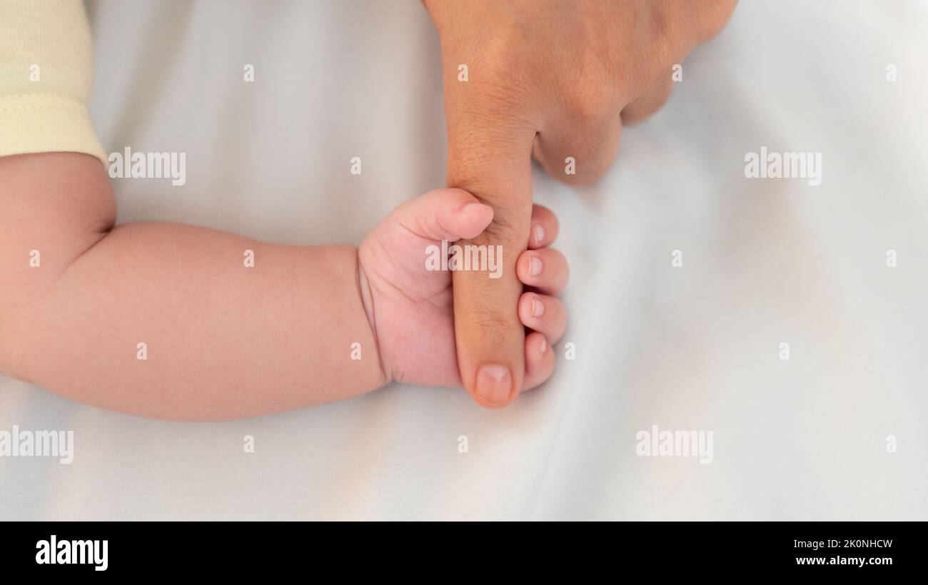 Close up baby hand holding finger mom in a room with a lot of sunlight. The newborn sleeping on the mother's bed. Health care, love and relationship c Stock Photo