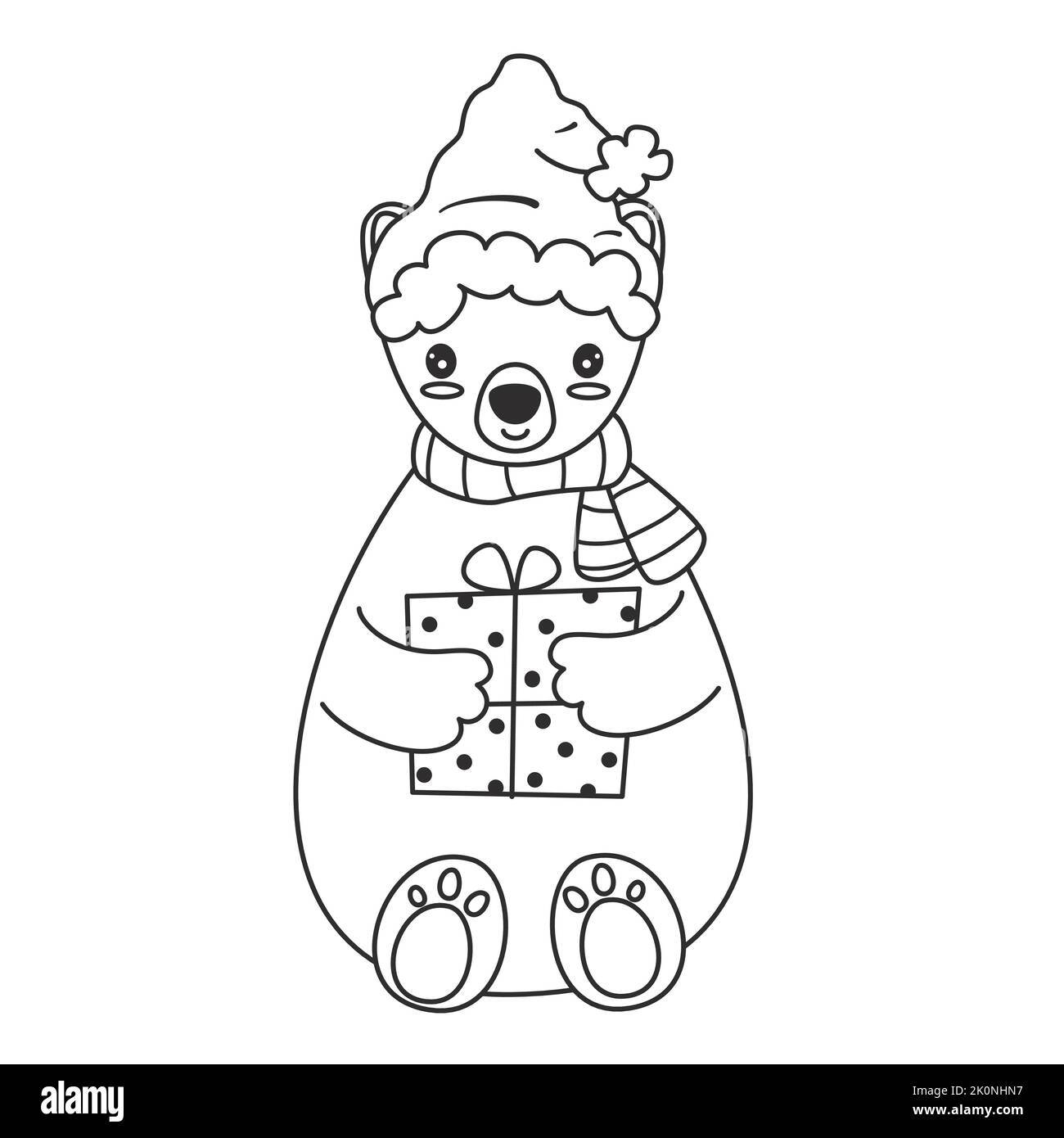 Cute lovely hand drawn cartoon character baby black and white polar bear with santa claus hat and gift box winter holiday vector illustration for chri Stock Vector