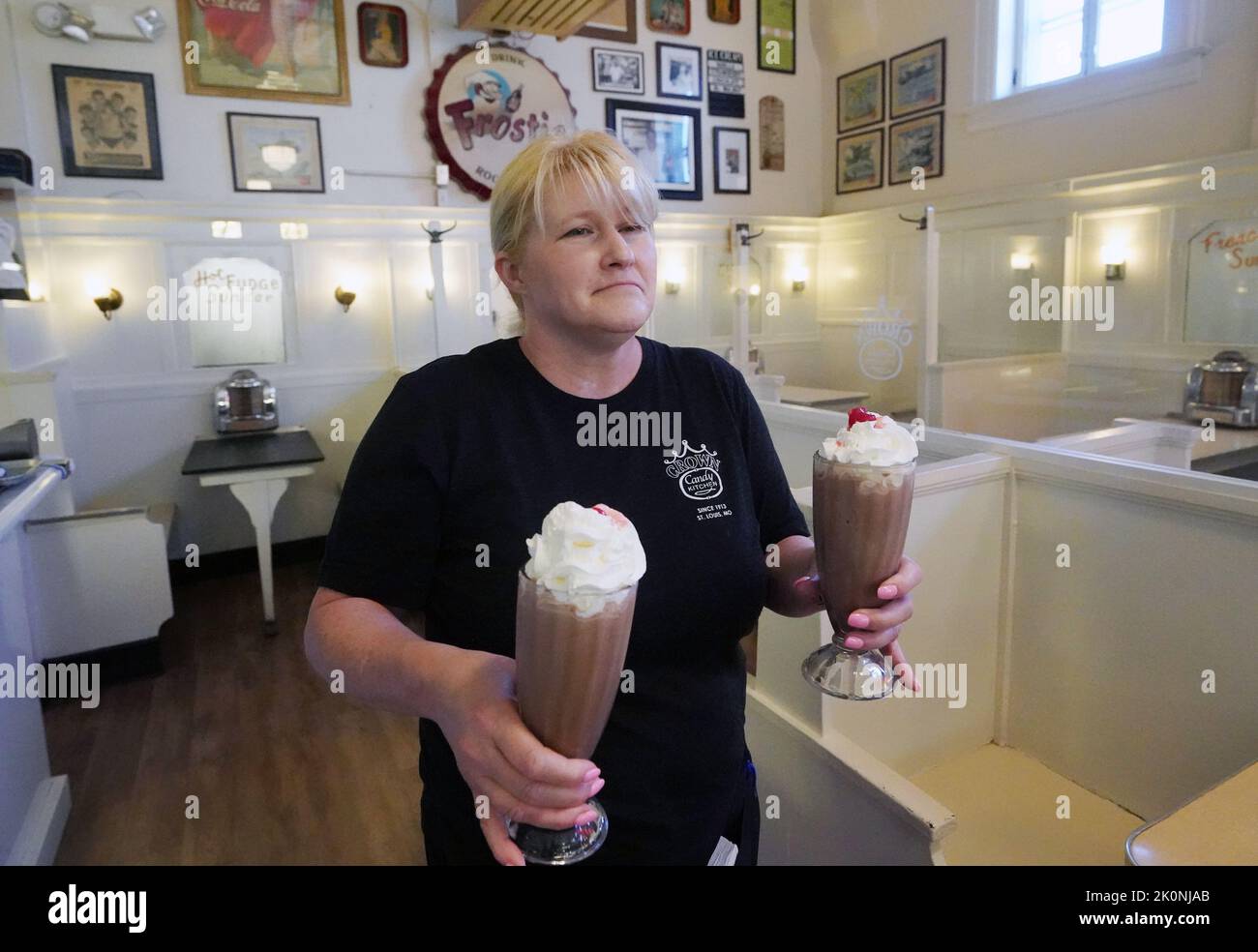 St. Louis, United States. 12th Sep, 2022. Waitress Denice Woodson delivers chocolate milk shakes to customers at The Crown Candy Kitchen on National Chocolate Milk Shake Day in St. Louis on Monday, September 12, 2022. Photo by Bill Greenblatt/UPI Credit: UPI/Alamy Live News Stock Photo