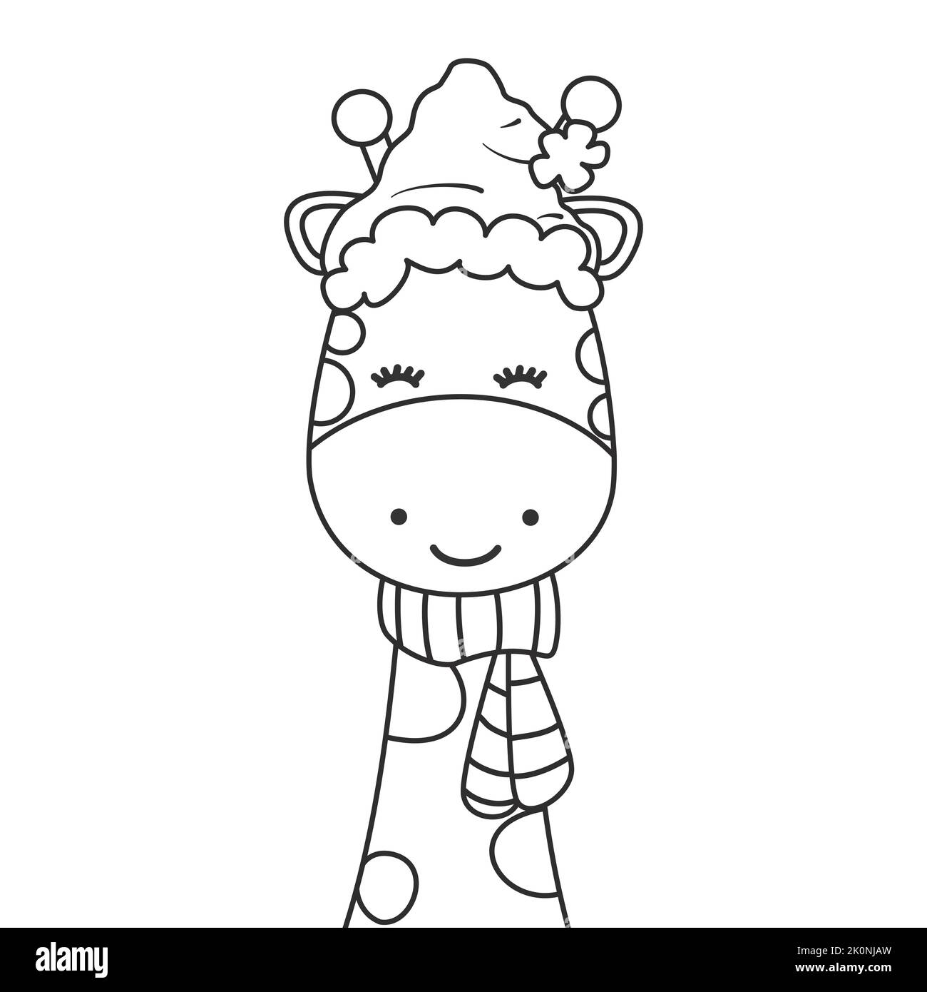 cute cartoon character black and white giraffe with santa claus hat and scarf funny vector illustration for christmas holiday coloring art Stock Vector