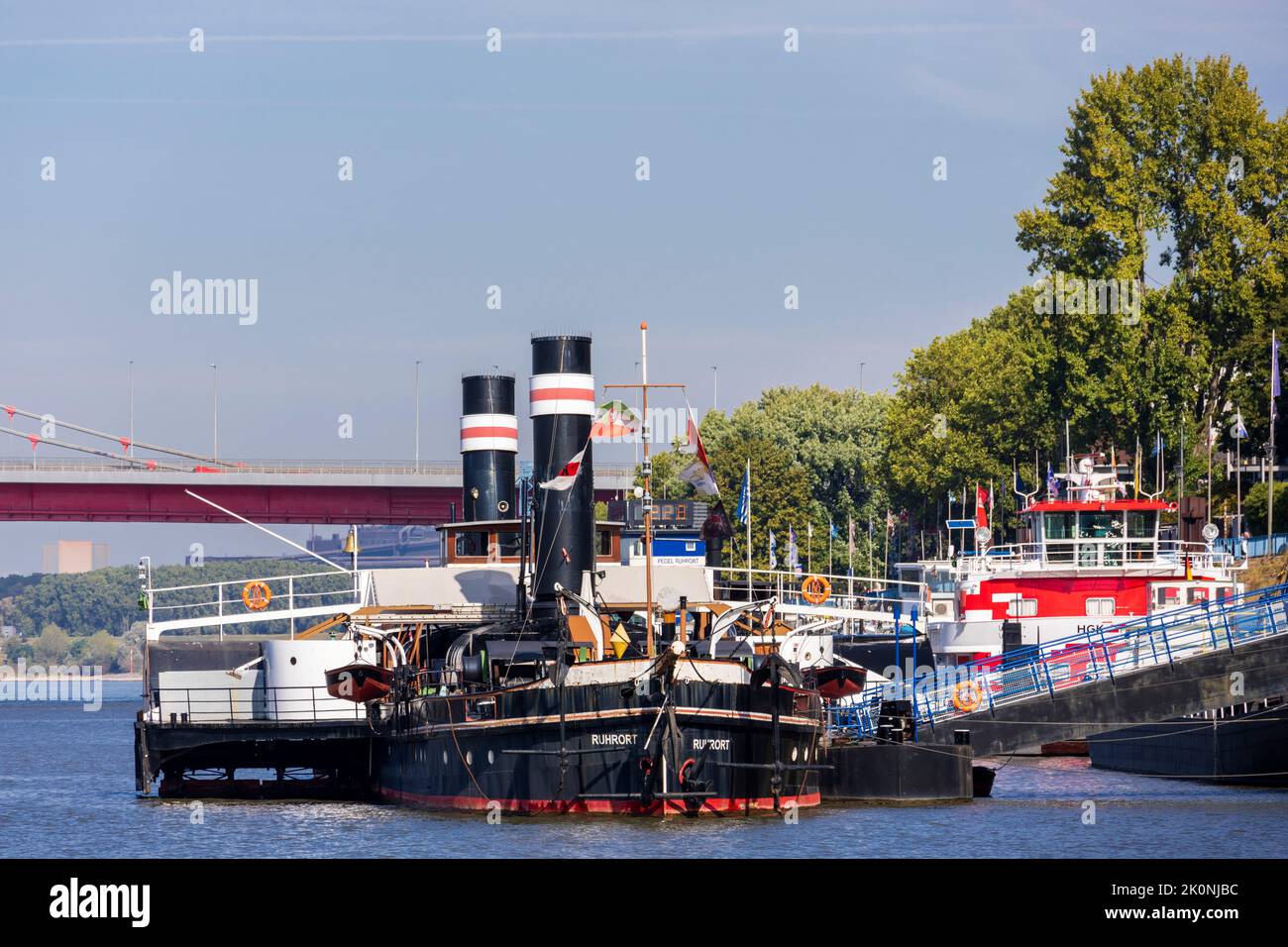 Vinckekanal canal with Oscar Huber museum ship in the harbour of Ruhrort, Duisburg, Ruhr Area, North Rhine-Westphalia, Germany, Europe Stock Photo