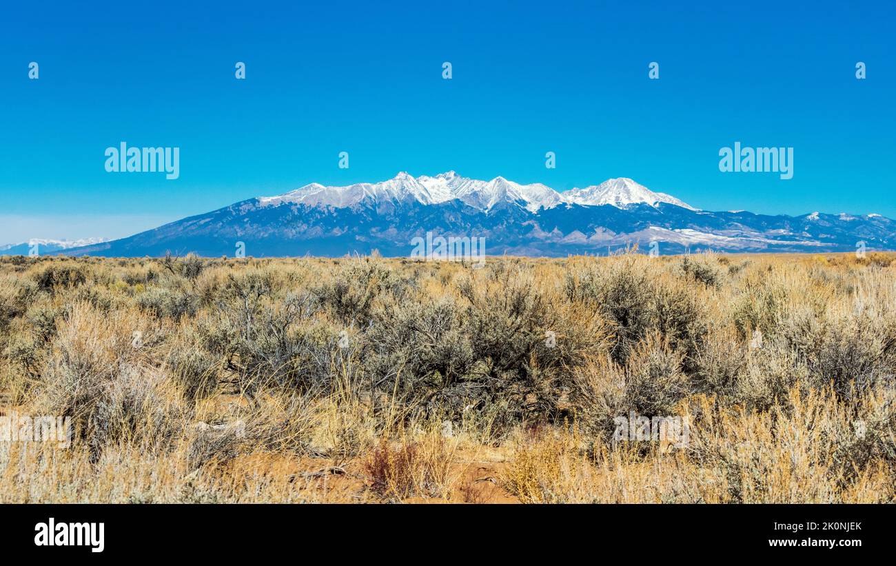 Beautiful snow capped mountains in the San Luis Valley Colorado Stock