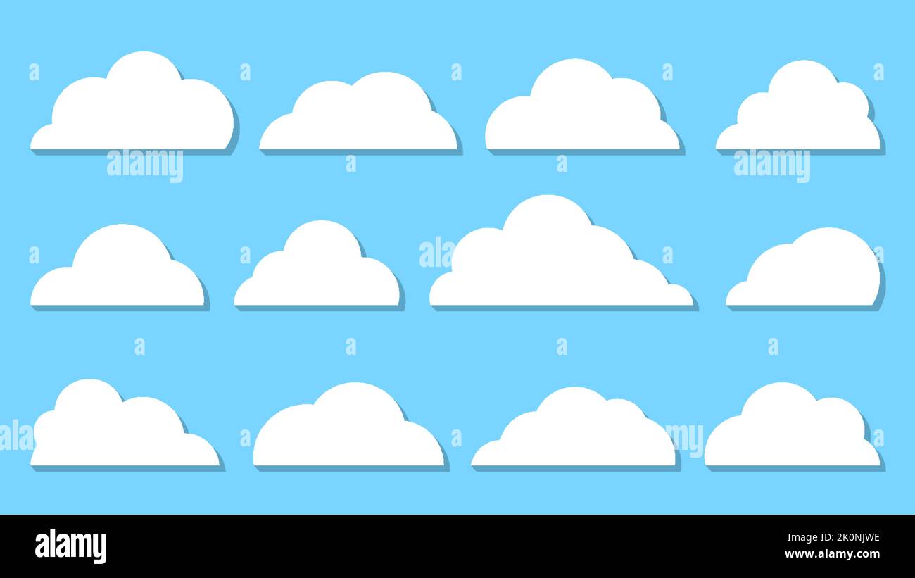 White cute flat clouds set isolated on blue landscape background