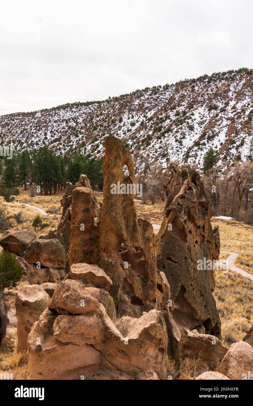 Snow dusts canyon in Bandelier National Monument, New Mexico, USA Stock Photo