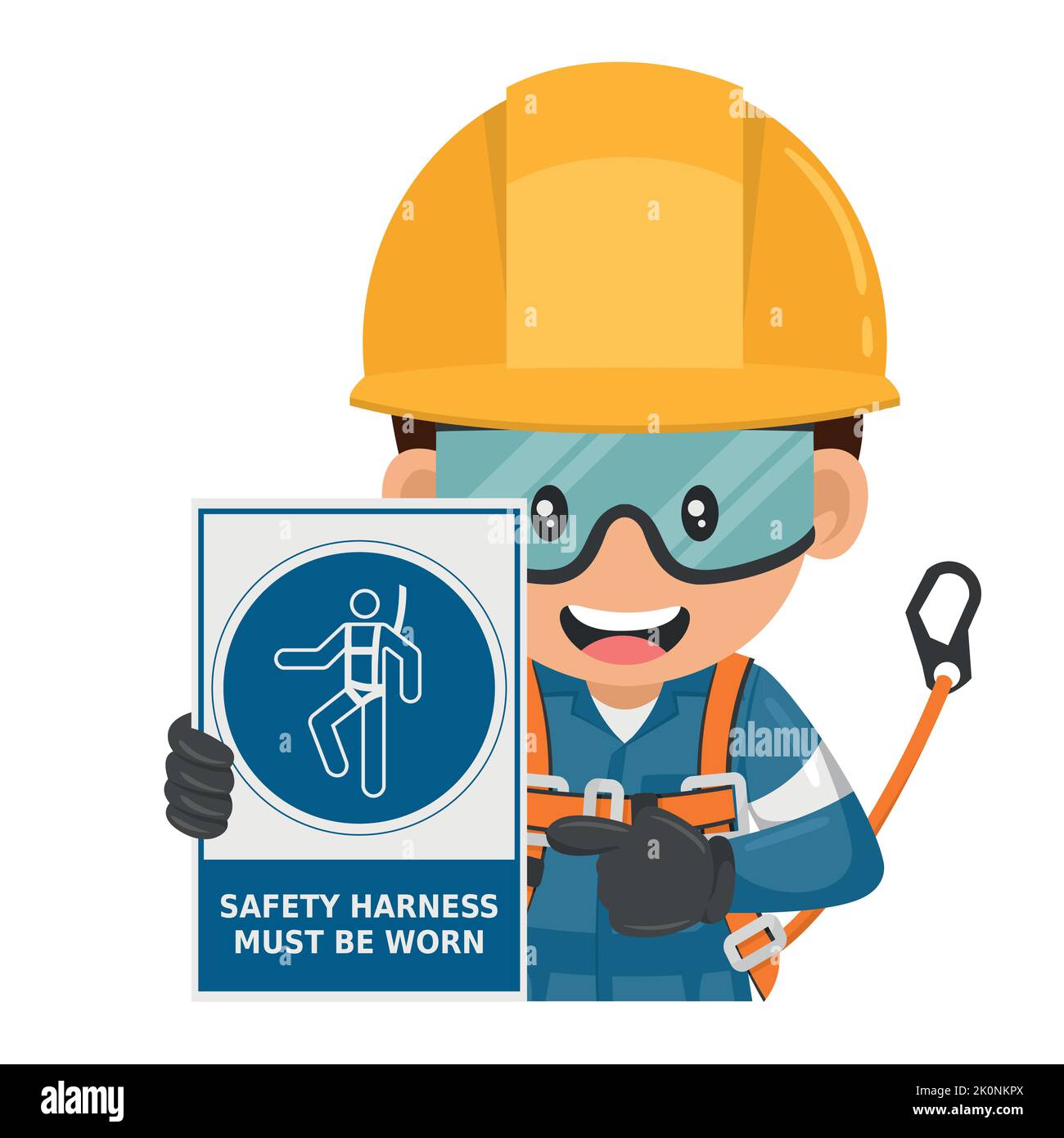 Industrial worker with safety harness mandatory use warning sign