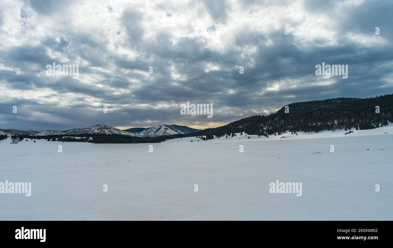 Snow covers Valles Caldera National Preserve in New Mexico Stock Photo